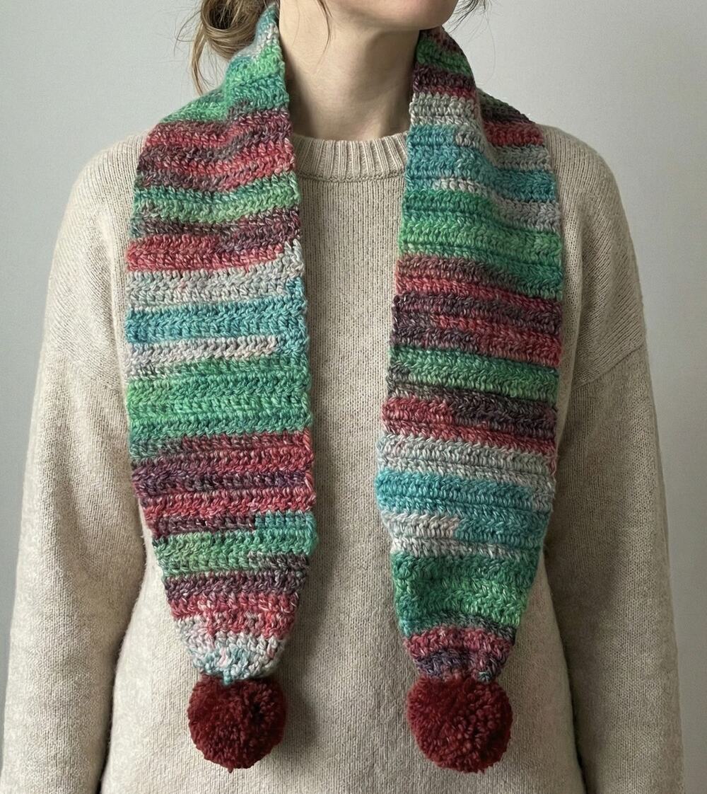 Handmade Knit Colorful Scarf with Pom Poms 5" x 50"
